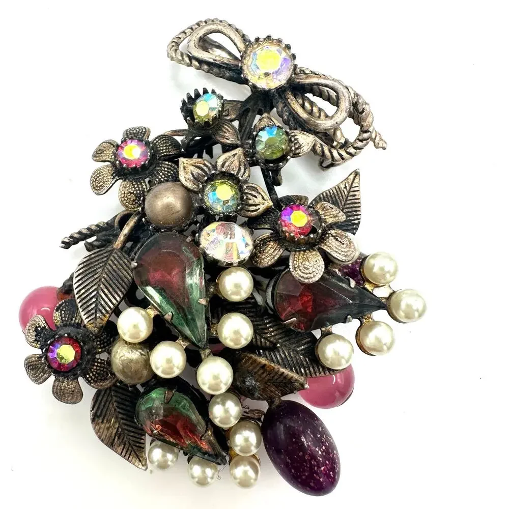 Vintage gold tone pink green AB rhinestones art glass faux pearls brooch
